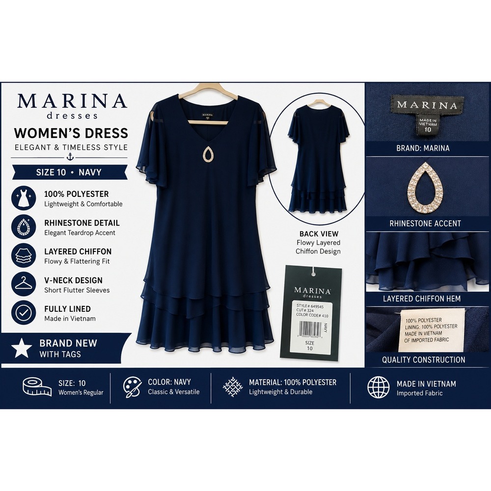 Marina Womens Navy Blue Tiered Chiffon Rhinestone V-Neck Flutter Sleeve Dress 10